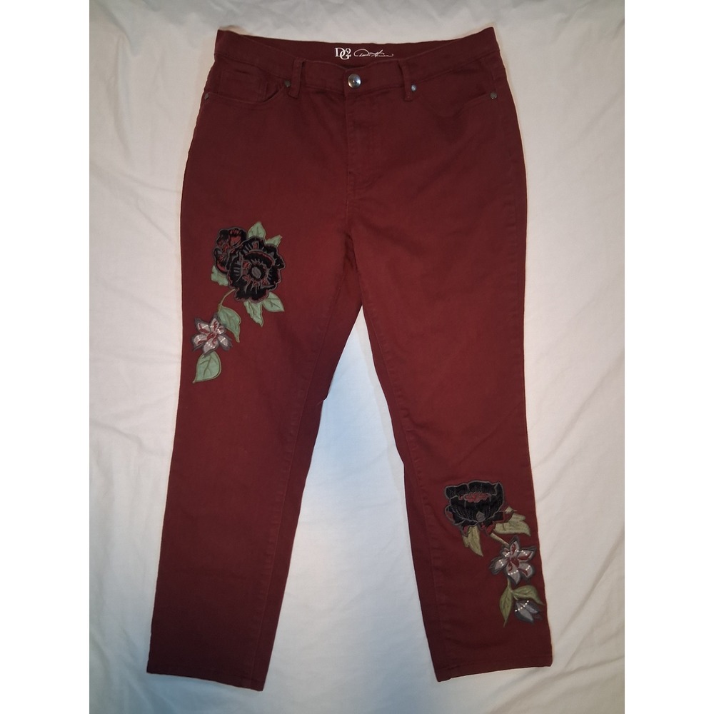 DG2 Diane Gilman Womens 14P Burgundy Embroidered Floral Stretch Denim Jeans
